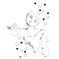 a black and white drawing of a man with a head full of squares