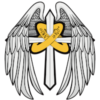 a cross with wings and a yellow ribbon